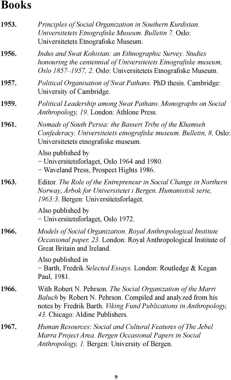 PhD thesis. Cambridge: University of Cambridge. 1959. Political Leadership among Swat Pathans. Monographs on Social Anthropology, 19. London: Athlone Press. 1961.