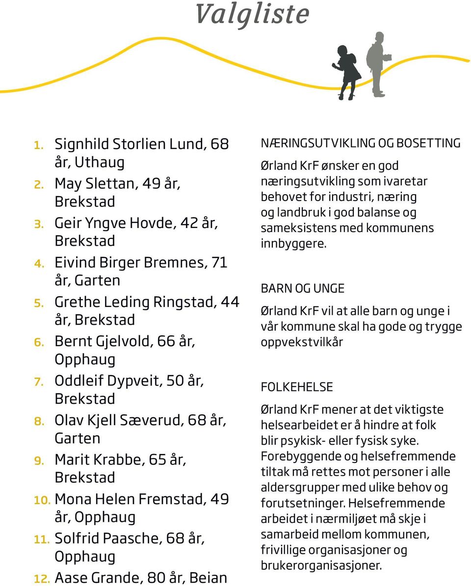 Aase Grande, 80 år, Beian NÆRINGSUTVIKLING OG BOSETTING Ørland KrF ønsker en god næringsutvikling som ivaretar behovet for industri, næring og landbruk i god balanse og sameksistens med kommunens