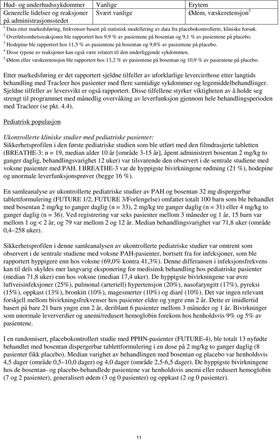 3 Hodepine ble rapportert hos 11,5 % av pasientene på bosentan og 9,8% av pasientene på placebo. 4 Disse typene av reaksjoner kan også være relatert til den underliggende sykdommen.