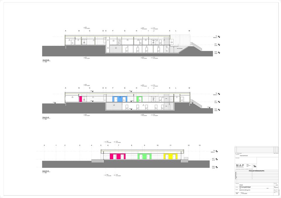 9 m² 004 Garderobe 6.5 m² Rømningstrapp 32700 Kjeller 29328 Snitt B-B 1 : 100 E-E D-D C-C E-E A B C D E F G H I J K L M D-D C-C +36.87 m +36.87 m Tak 36069.51 126 18.9 m² 131 Stue 110.1 m² 139 27.