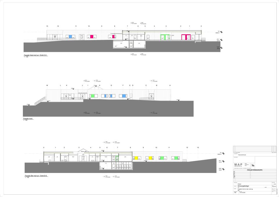 00 m C-C D-D E-E Fasade nord 1 : 100 B-B A-A 0 1 2 3 4 5 6 7 8 9 10 11 12 13 Glasstak, isolert +36.87 m Tak 200 Vinterhage 33 m² 36069.51 D-bolig 23.9 m² Rundgang 254.4 m² Sanserom 12.