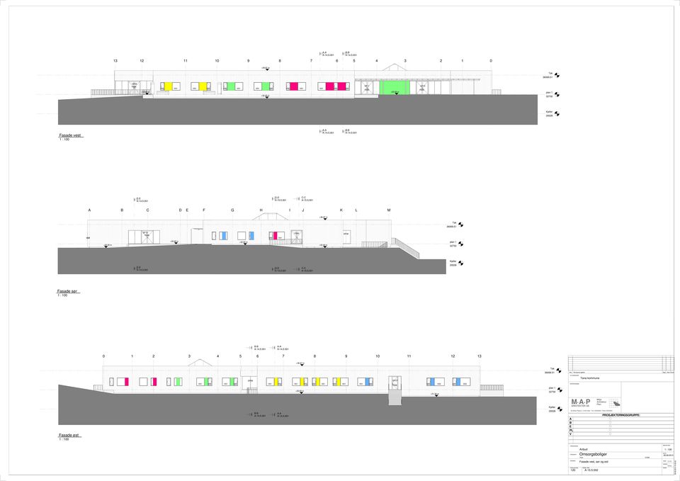 00 m +32.65 m +32. m +32.00 m plan 1 32700 Kjeller E-E D-D C-C 29328 Fasade sør 1 : 100 B-B A-A 0 1 2 3 4 5 6 7 8 9 10 11 12 13 +36.87 m Tak 36069.