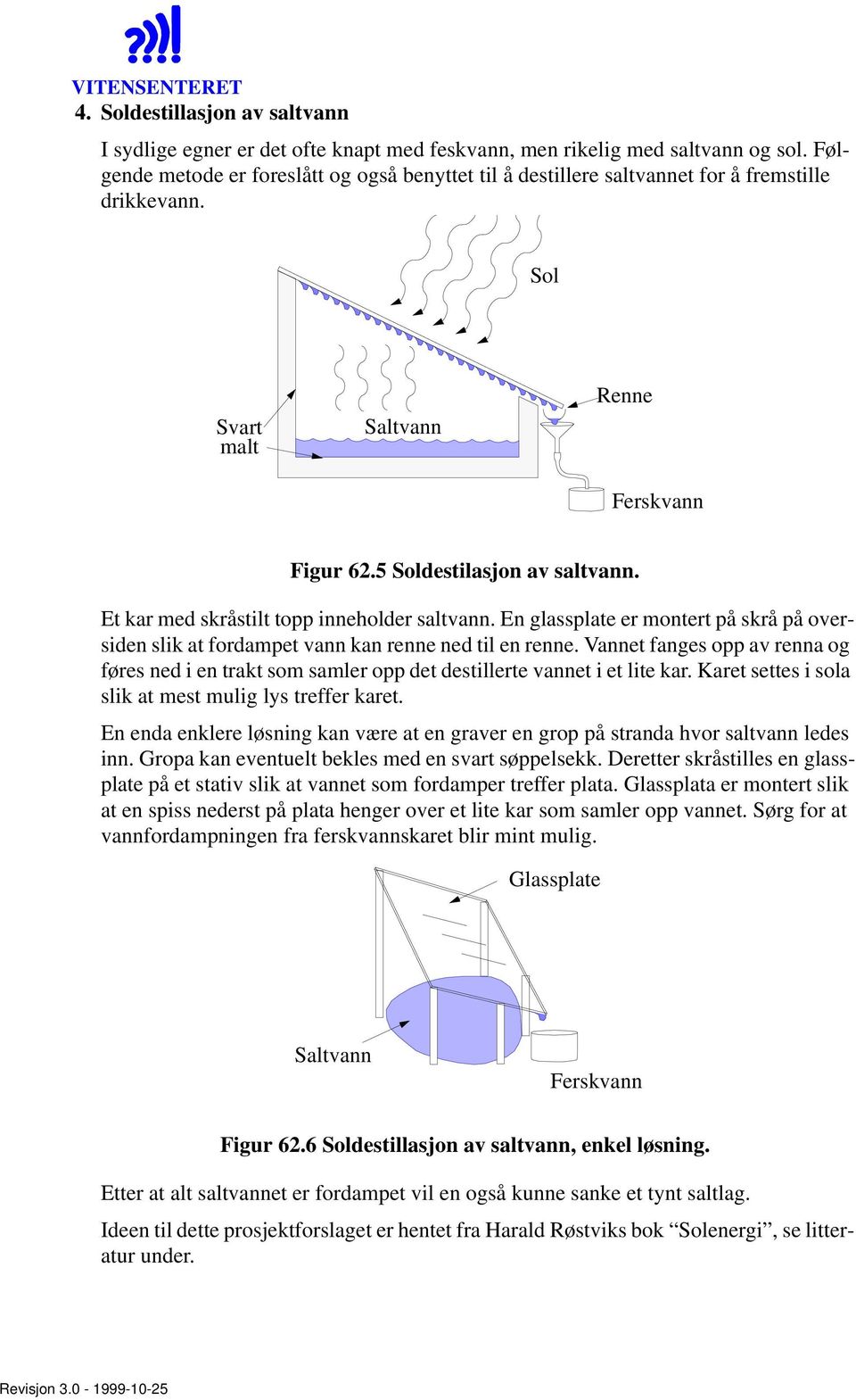 Et kar med skråstilt topp inneholder saltvann. En glassplate er montert på skrå på oversiden slik at fordampet vann kan renne ned til en renne.