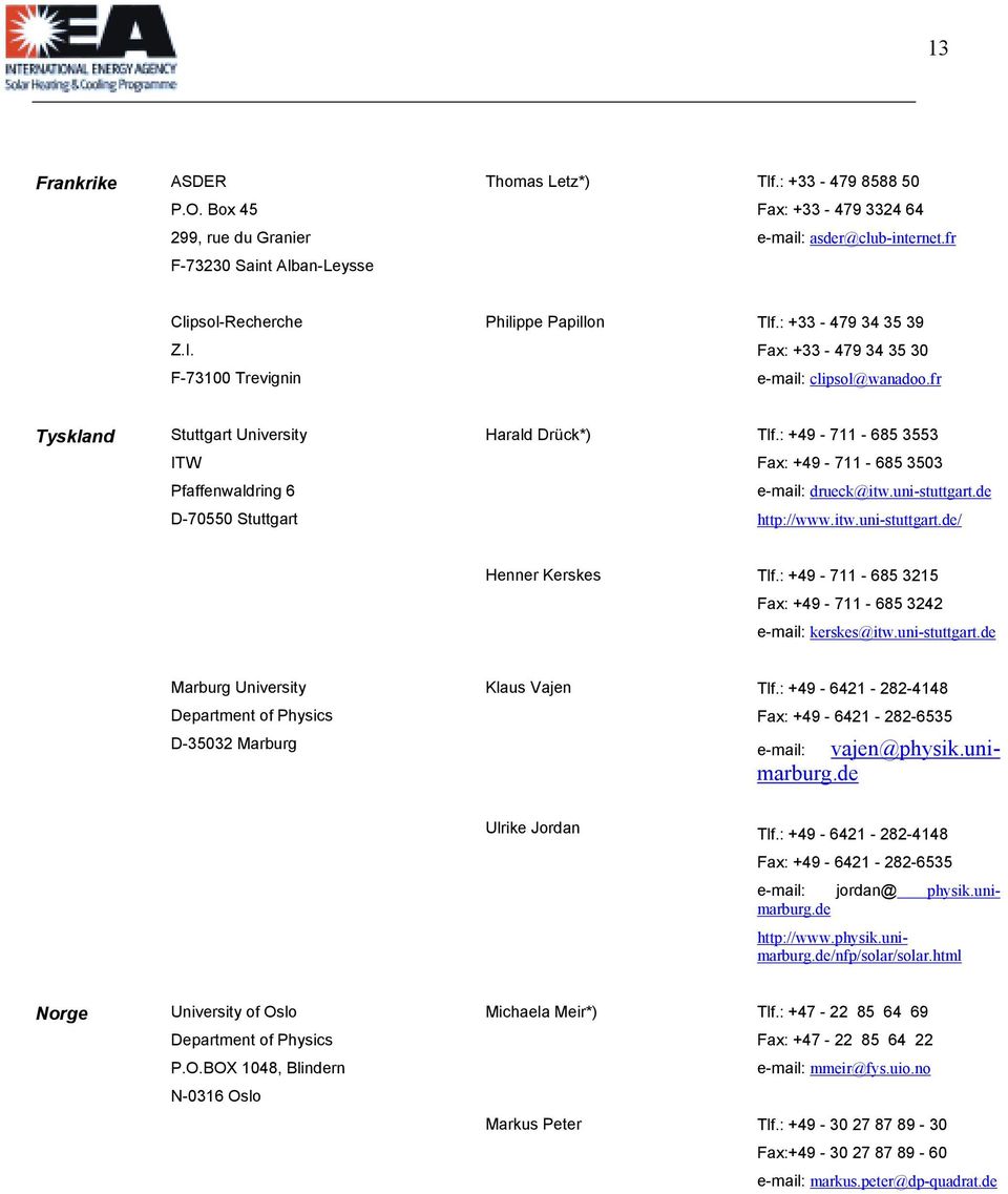 fr Tyskland Stuttgart University Harald Drück*) Tlf.: +49-711 - 685 3553 ITW Fax: +49-711 - 685 3503 Pfaffenwaldring 6 e-mail: drueck@itw.uni-stuttgart.de D-70550 Stuttgart http://www.itw.uni-stuttgart.de/ Henner Kerskes Tlf.