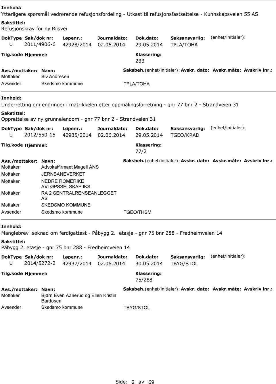 : Mottaker Siv ndresen vsender TPL/TOH nnhold: nderretting om endringer i matrikkelen etter oppmålingsforretning - gnr 77 bnr 2 - Strandveien 31 Opprettelse av ny grunneiendom - gnr 77 bnr 2 -