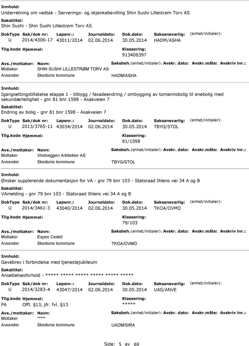 : Mottaker SHN SSH LLLESTRØM TORV S vsender HDM/SH nnhold: gangsettingstillatelse etappe 1 - tilbygg / fasadeendring / ombygging av tomannsbolig til enebolig med sekundærleilighet - gnr 81 bnr 1598 -