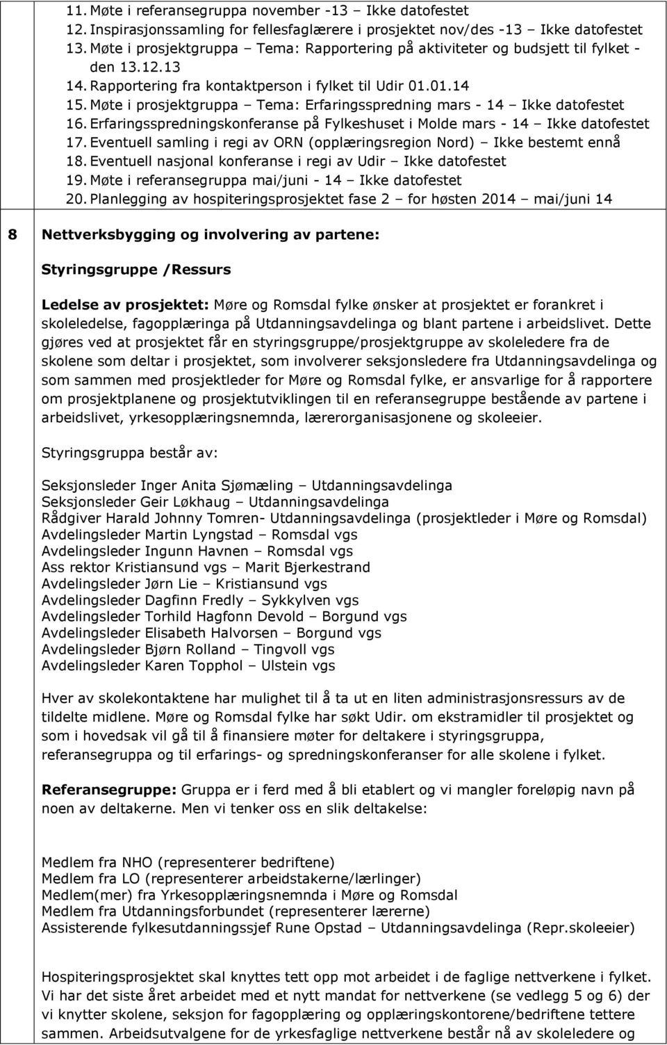 Møte i prosjektgruppa Tema: Erfaringsspredning mars - 14 Ikke datofestet 16. Erfaringsspredningskonferanse på Fylkeshuset i Molde mars - 14 Ikke datofestet 17.