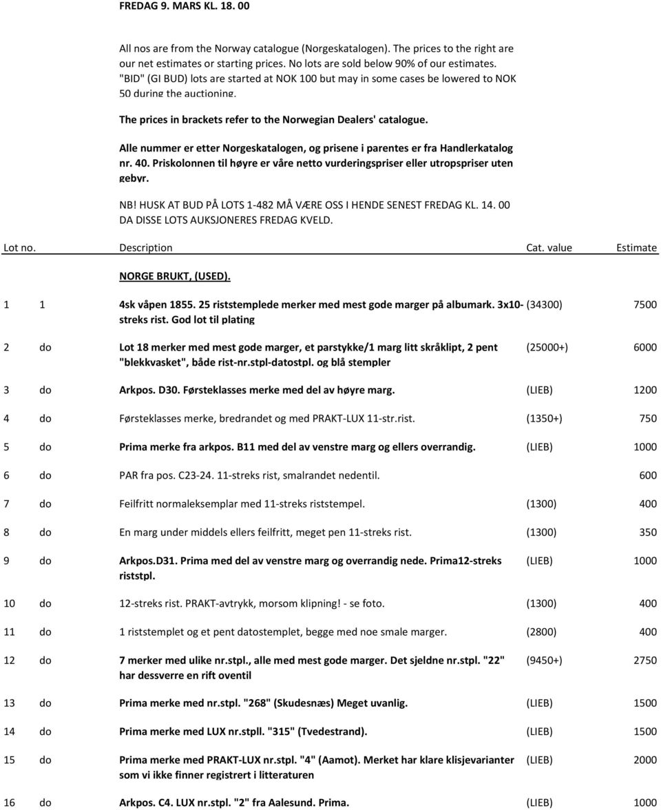 Alle nummer er etter Norgeskatalogen, og prisene i parentes er fra Handlerkatalog nr. 40. Priskolonnen til høyre er våre netto vurderingspriser eller utropspriser uten gebyr. NB!