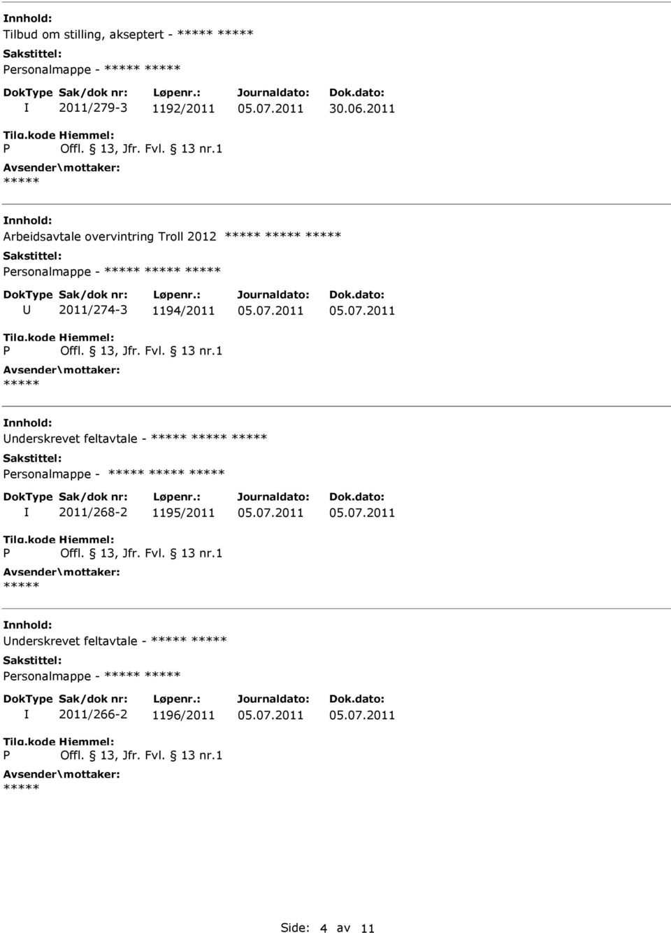 1194/2011 nnhold: nderskrevet feltavtale - ersonalmappe - 2011/268-2 1195/2011