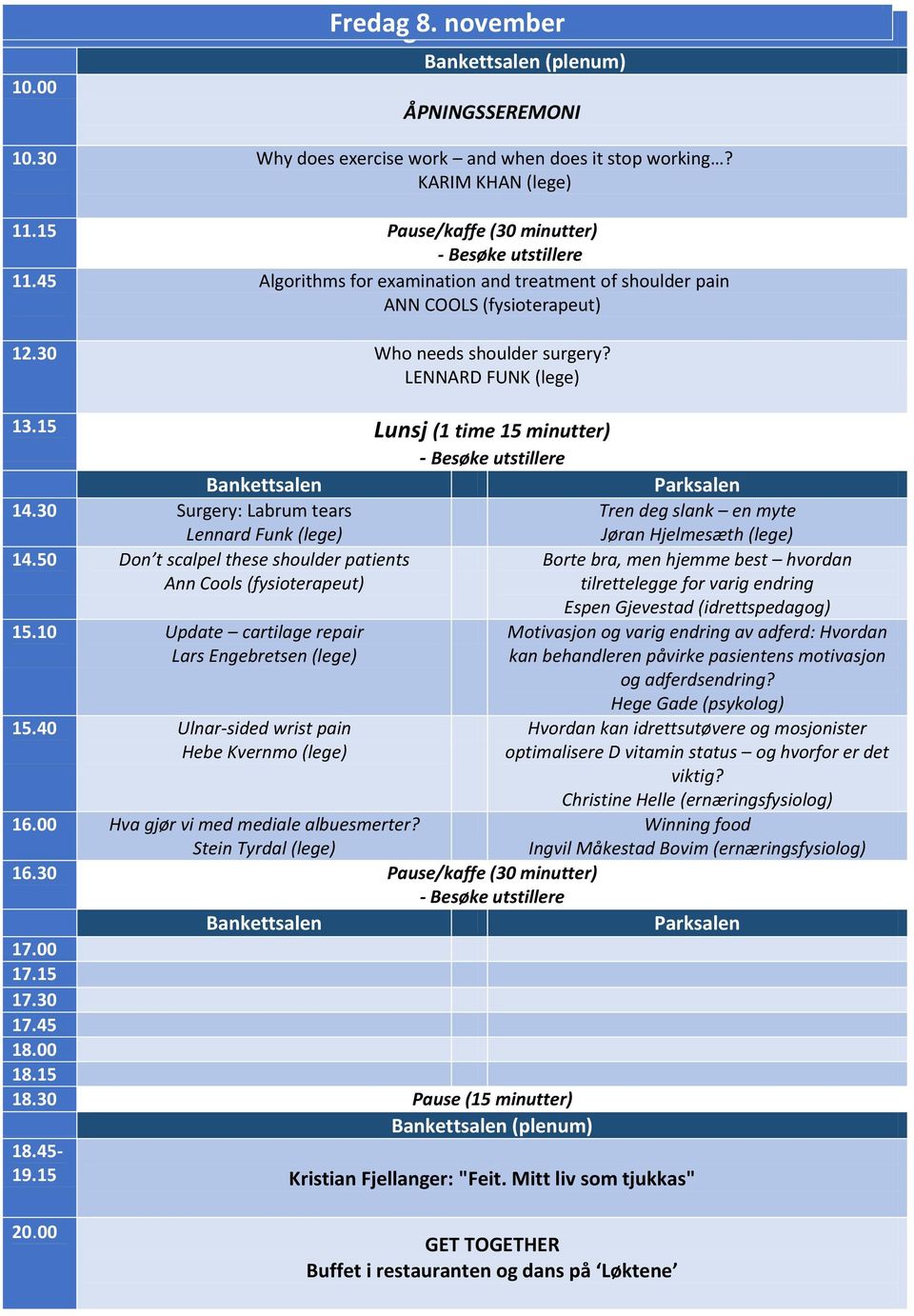 30 Surgery: Labrum tears Lennard Funk (lege) Tren deg slank en myte Jøran Hjelmesæth (lege) 14.50 Don t scalpel these shoulder patients Ann Cools (fysioterapeut) 15.