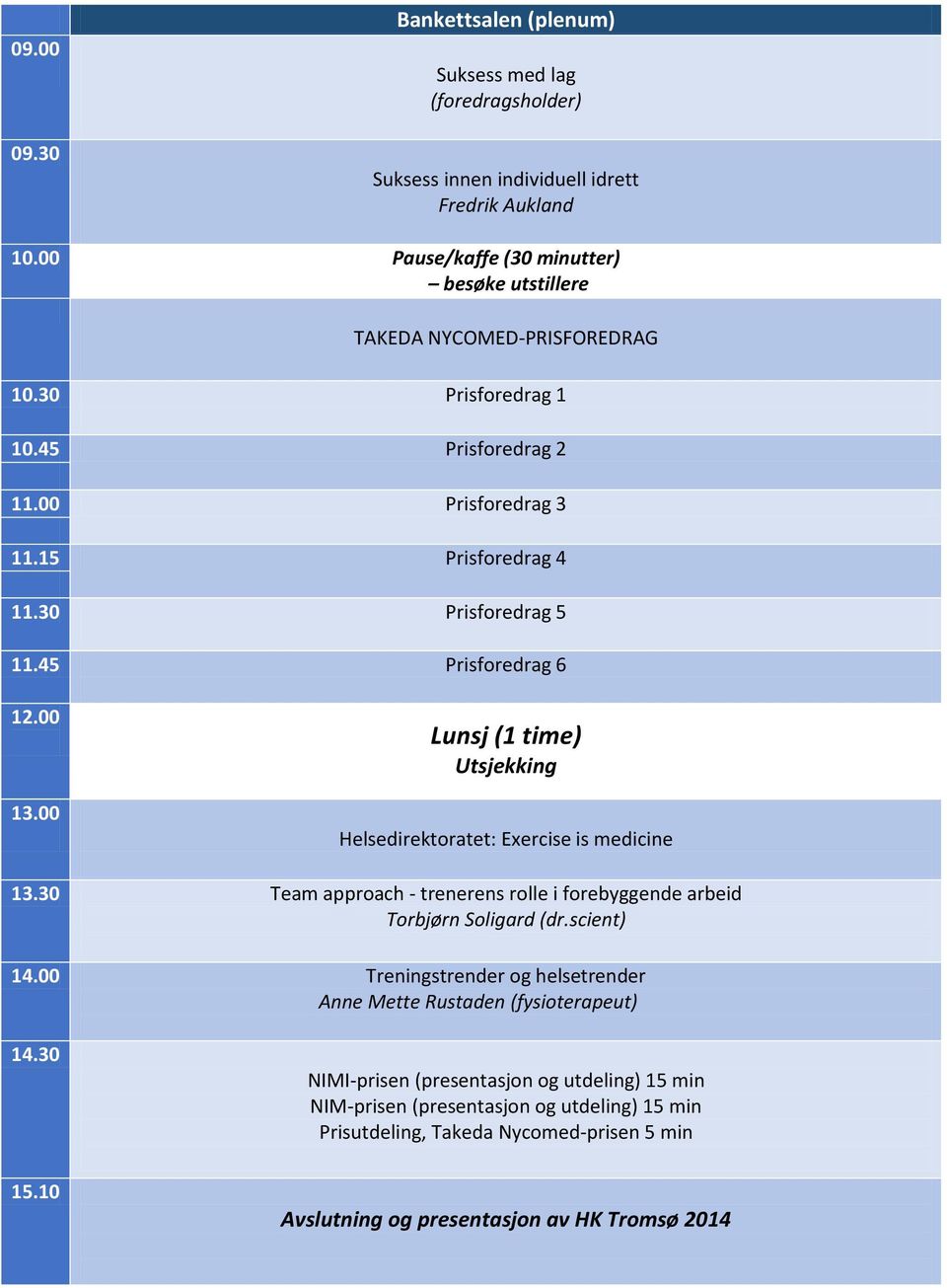 00 Lunsj (1 time) Utsjekking Helsedirektoratet: Exercise is medicine 13.30 Team approach - trenerens rolle i forebyggende arbeid Torbjørn Soligard (dr.scient) 14.