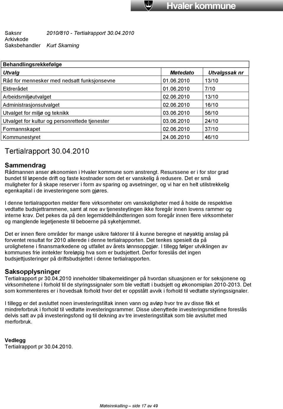 06.2010 24/10 Formannskapet 02.06.2010 37/10 Kommunestyret 24.06.2010 46/10 Tertialrapport 30.04.2010 Sammendrag Rådmannen anser økonomien i Hvaler kommune som anstrengt.