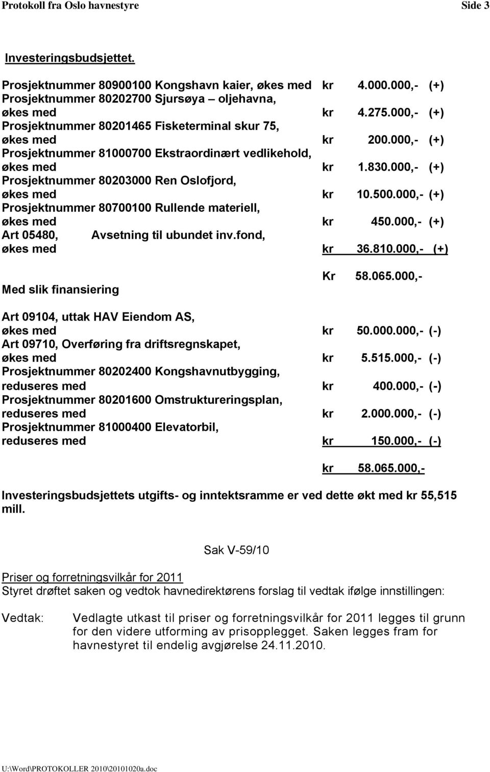 000,- (+) Prosjektnummer 80203000 Ren Oslofjord, økes med kr 10.500.000,- (+) Prosjektnummer 80700100 Rullende materiell, økes med kr 450.000,- (+) Art 05480, Avsetning til ubundet inv.