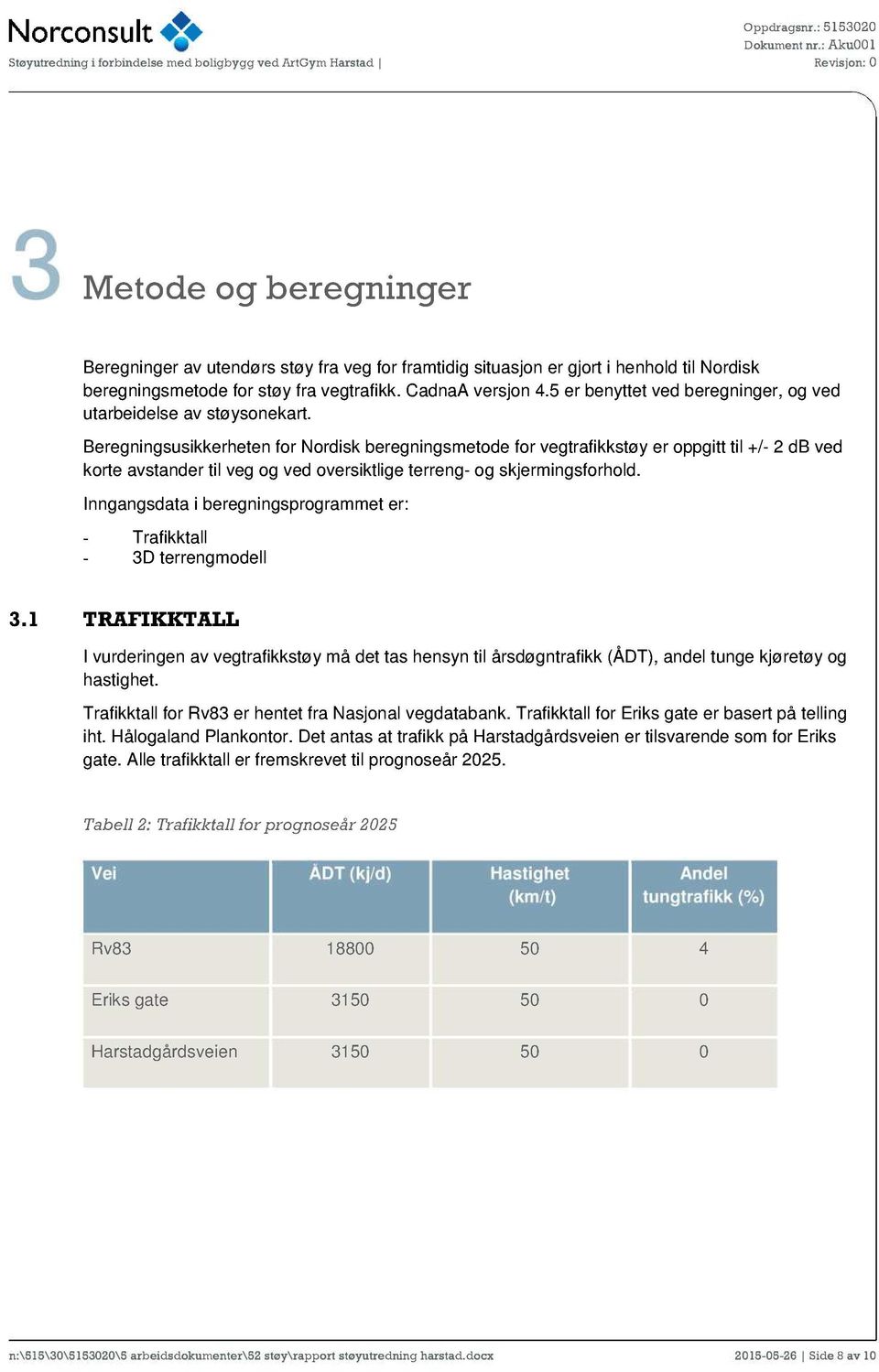 Beregningsusikkerheten for Nordisk beregningsmetode for vegtrafikkstøy er oppgitt til +/- 2 db ved korte avstander til veg og ved oversiktlige terreng - og skjermingsforhold.