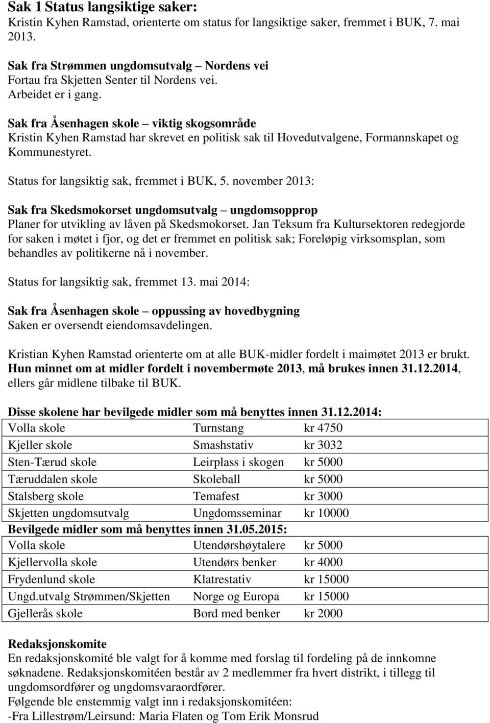 Sak fra Åsenhagen skole viktig skogsområde Kristin Kyhen Ramstad har skrevet en politisk sak til Hovedutvalgene, Formannskapet og Kommunestyret. Status for langsiktig sak, fremmet i BUK, 5.