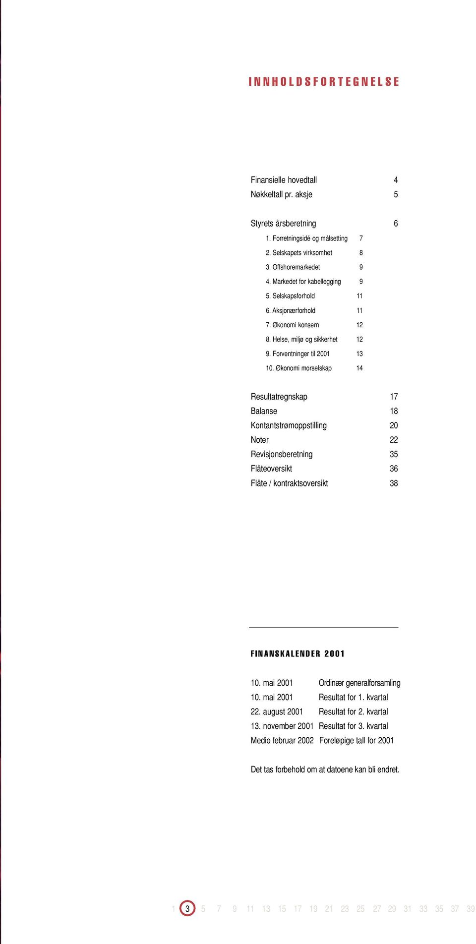 Økonomi morselskap 14 Resultatregnskap 17 Balanse 18 Kontantstrømoppstilling 20 Noter 22 Revisjonsberetning 35 Flåteoversikt 36 Flåte / kontraktsoversikt 38 FINANSKALENDER 2001 10.