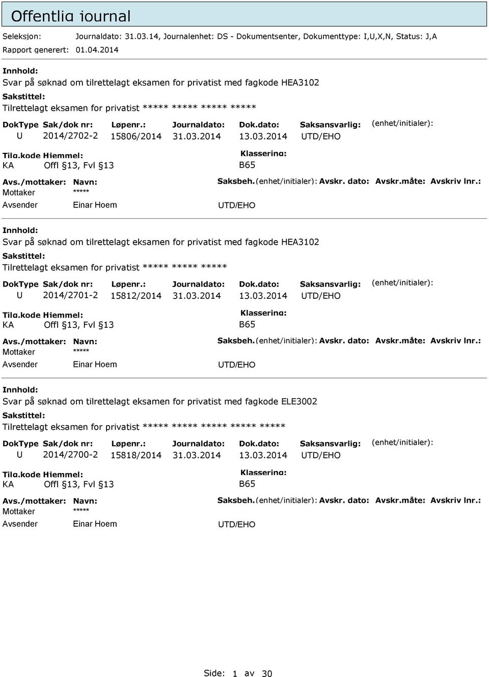 2014 TD/HO inar Hoem TD/HO Svar på søknad om tilrettelagt eksamen for privatist med fagkode HA3102 Tilrettelagt eksamen for privatist 2014/2701-2 15812/2014