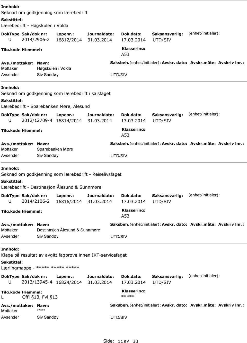 Søknad om godkjenning som lærebedrift - Reiselivsfaget Lærebedrift - Destinasjon Ålesund & Sunnmøre 2014/2106-2 16816/2014 TD/SV A53 Mottaker Destinasjon