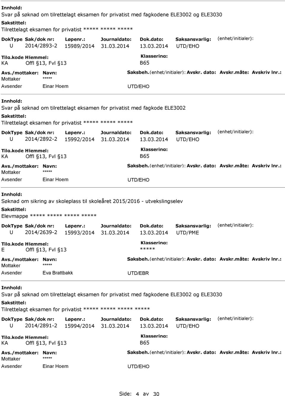 2014 TD/HO inar Hoem TD/HO Svar på søknad om tilrettelagt eksamen for privatist med fagkode L3002 Tilrettelagt eksamen for privatist 2014/2892-2 15992/2014 13.03.