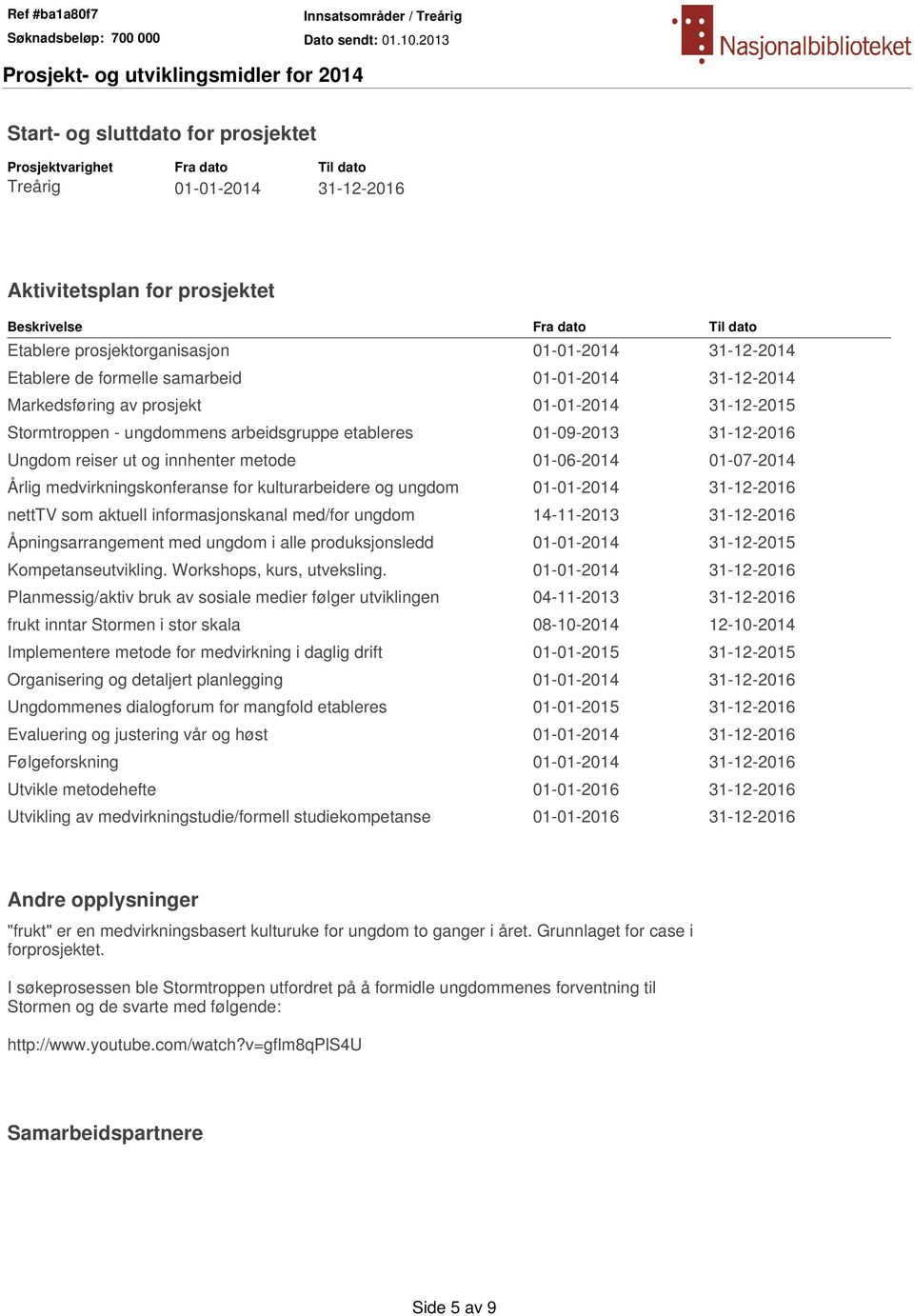 Ungdom reiser ut og innhenter metode 01-06-2014 01-07-2014 Årlig medvirkningskonferanse for kulturarbeidere og ungdom 01-01-2014 31-12-2016 netttv som aktuell informasjonskanal med/for ungdom