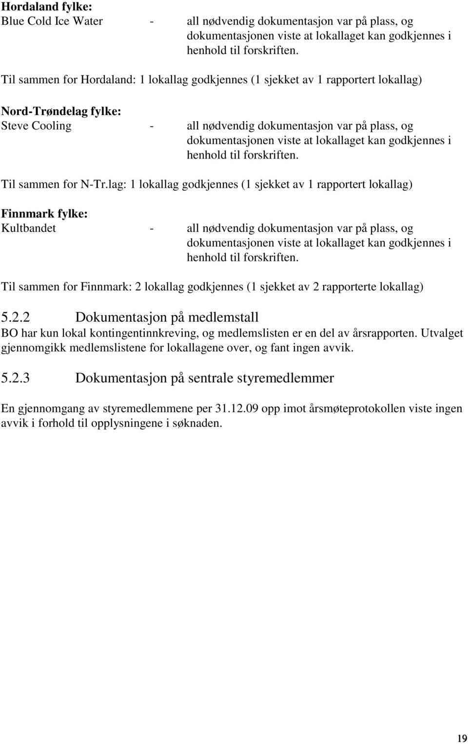 lag: 1 lokallag godkjennes (1 sjekket av 1 rapportert lokallag) Finnmark fylke: Kultbandet - all nødvendig dokumentasjon var på plass, og Til sammen for Finnmark: 2 lokallag godkjennes (1 sjekket av