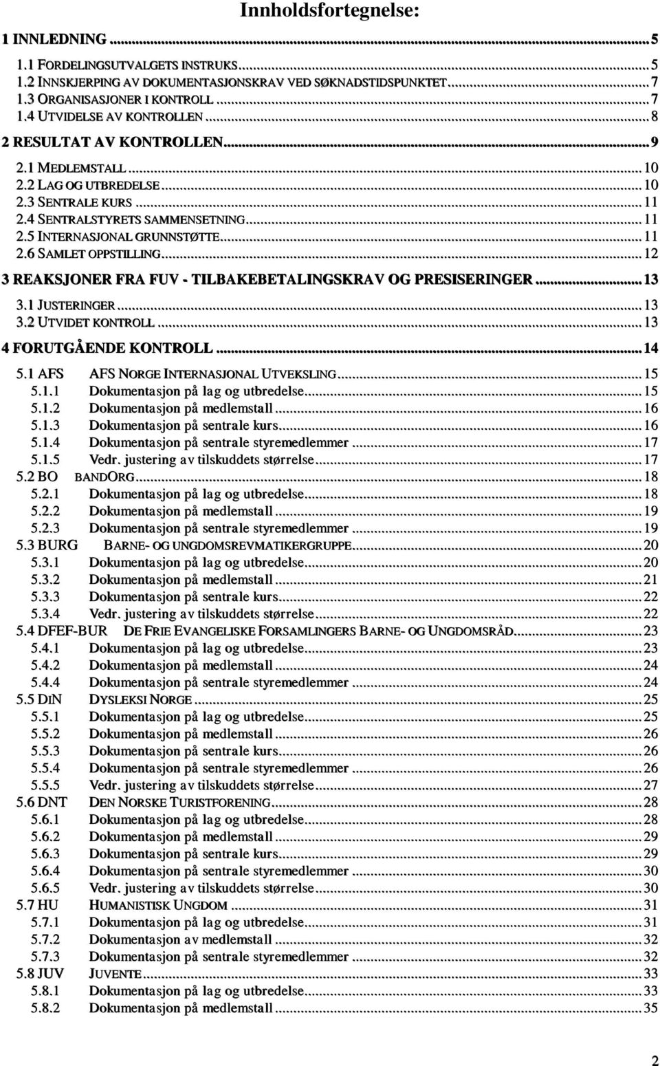 .. 12 3 REAKSJONER FRA FUV - TILBAKEBETALINGSKRAV OG PRESISERINGER... 13 3.1 JUSTERINGER... 13 3.2 UTVIDET KONTROLL... 13 4 FORUTGÅENDE KONTROLL... 14 5.1 AFS AFS NORGE INTERNASJONAL UTVEKSLING... 15 5.