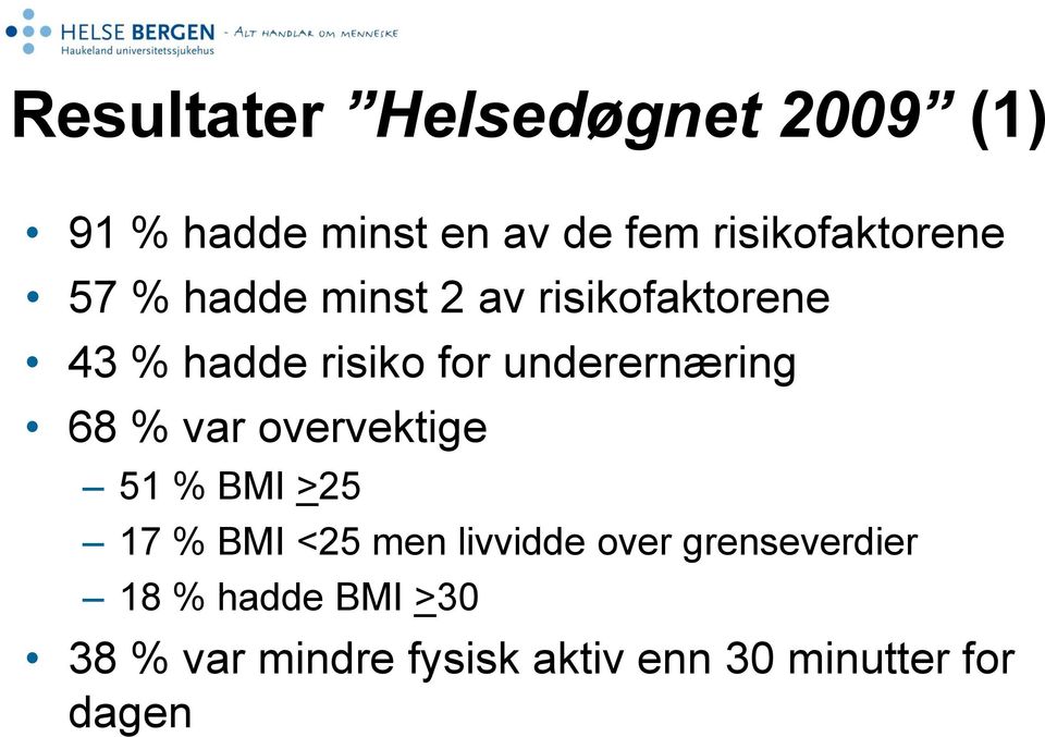 underernæring 68 % var overvektige 51 % BMI >25 17 % BMI <25 men livvidde