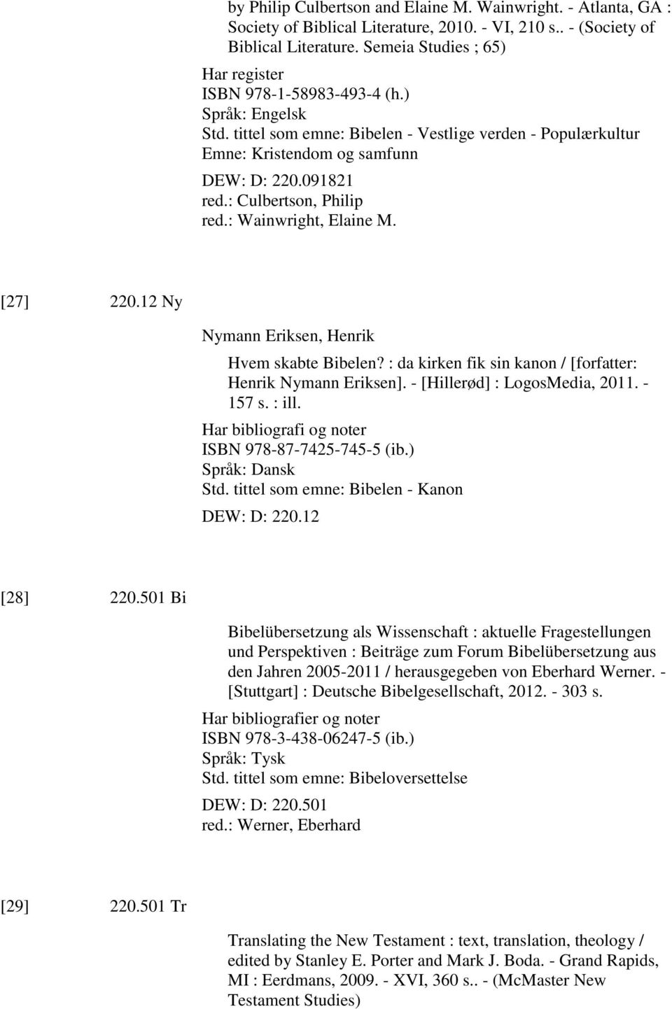 : Culbertson, Philip red.: Wainwright, Elaine M. [27] 220.12 Ny Nymann Eriksen, Henrik Hvem skabte Bibelen? : da kirken fik sin kanon / [forfatter: Henrik Nymann Eriksen].