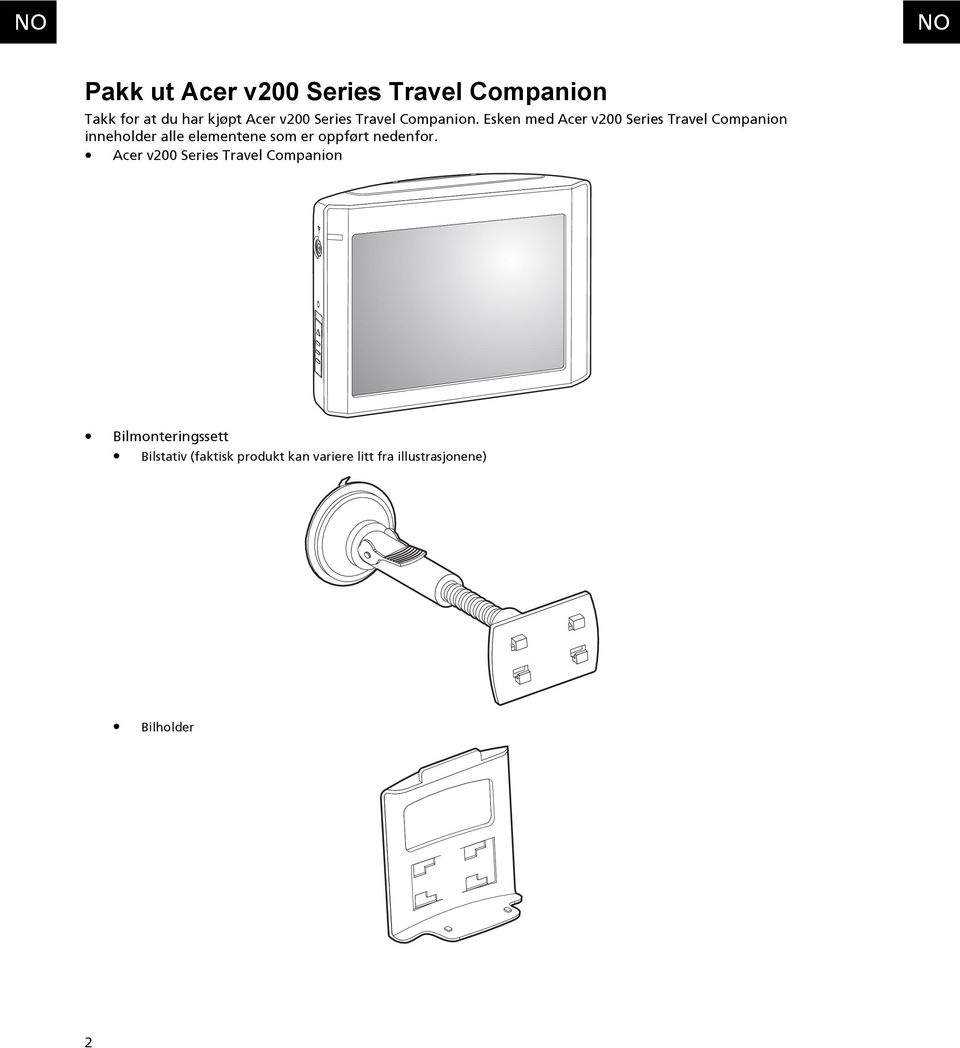 Esken med Acer v200 Series Travel Companion inneholder alle elementene som er