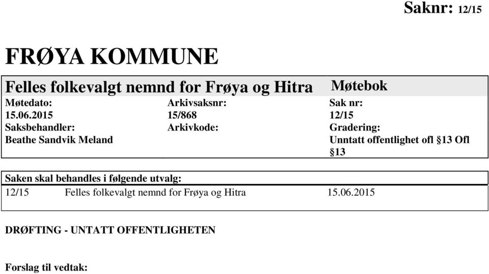 Gradering: Unntatt offentlighet ofl 13 Ofl 13 Saken skal behandles i følgende utvalg: 12/15