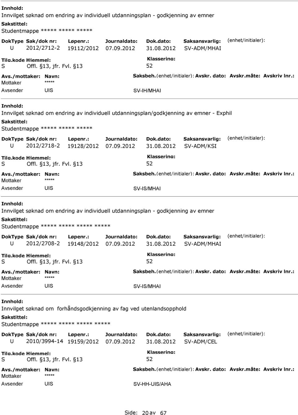 08.2012 V-ADM/K V-/MHA nnvilget søknad om endring av individuell utdanningsplan - godkjenning av emner tudentmappe ***** ***** ***** ***** 2012/2708-2 19148/2012 31.