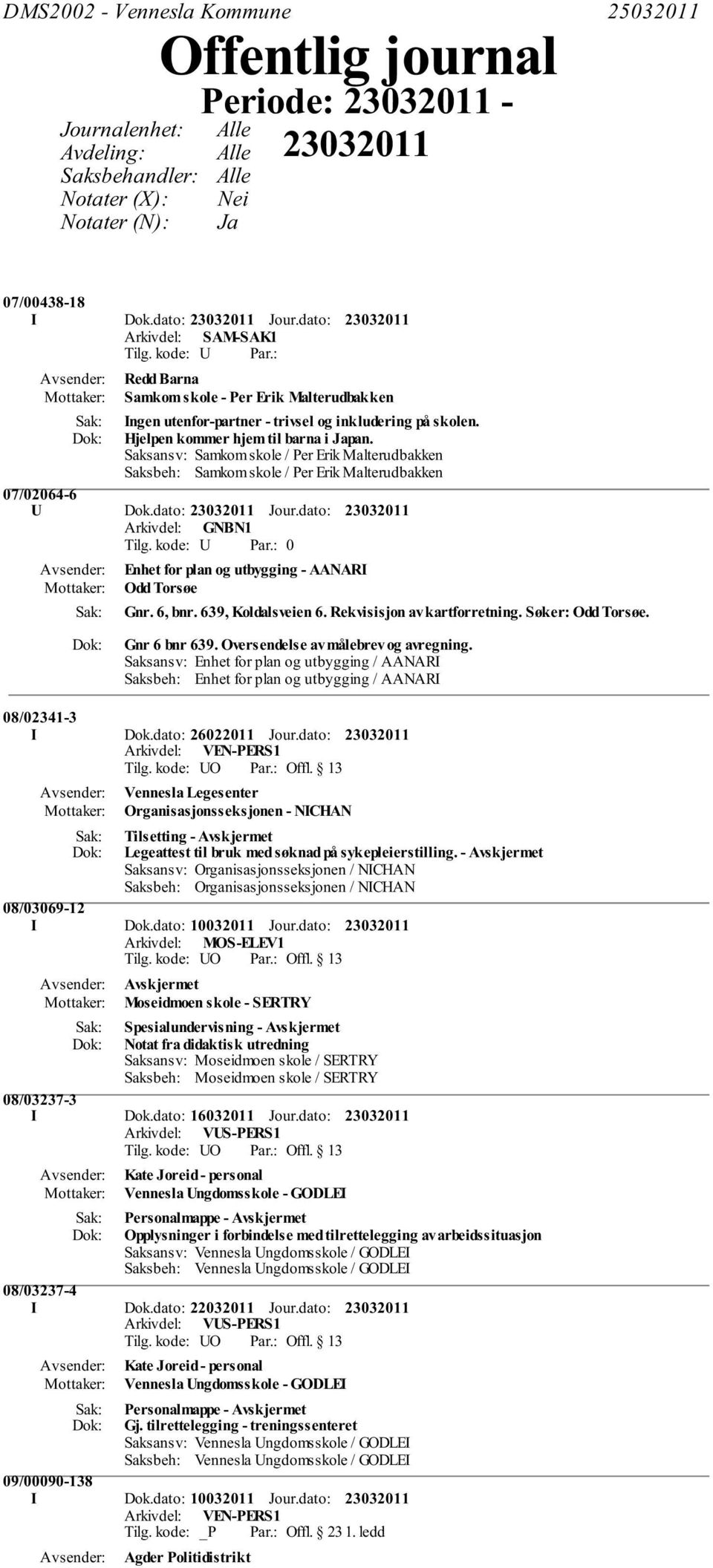 Saksansv: Samkom skole / Per Erik Malterudbakken Saksbeh: Samkom skole / Per Erik Malterudbakken 07/02064-6 U Dok.dato: Jour.dato: 0 Enhet for plan og utbygging - AANARI Odd Torsøe Gnr. 6, bnr.