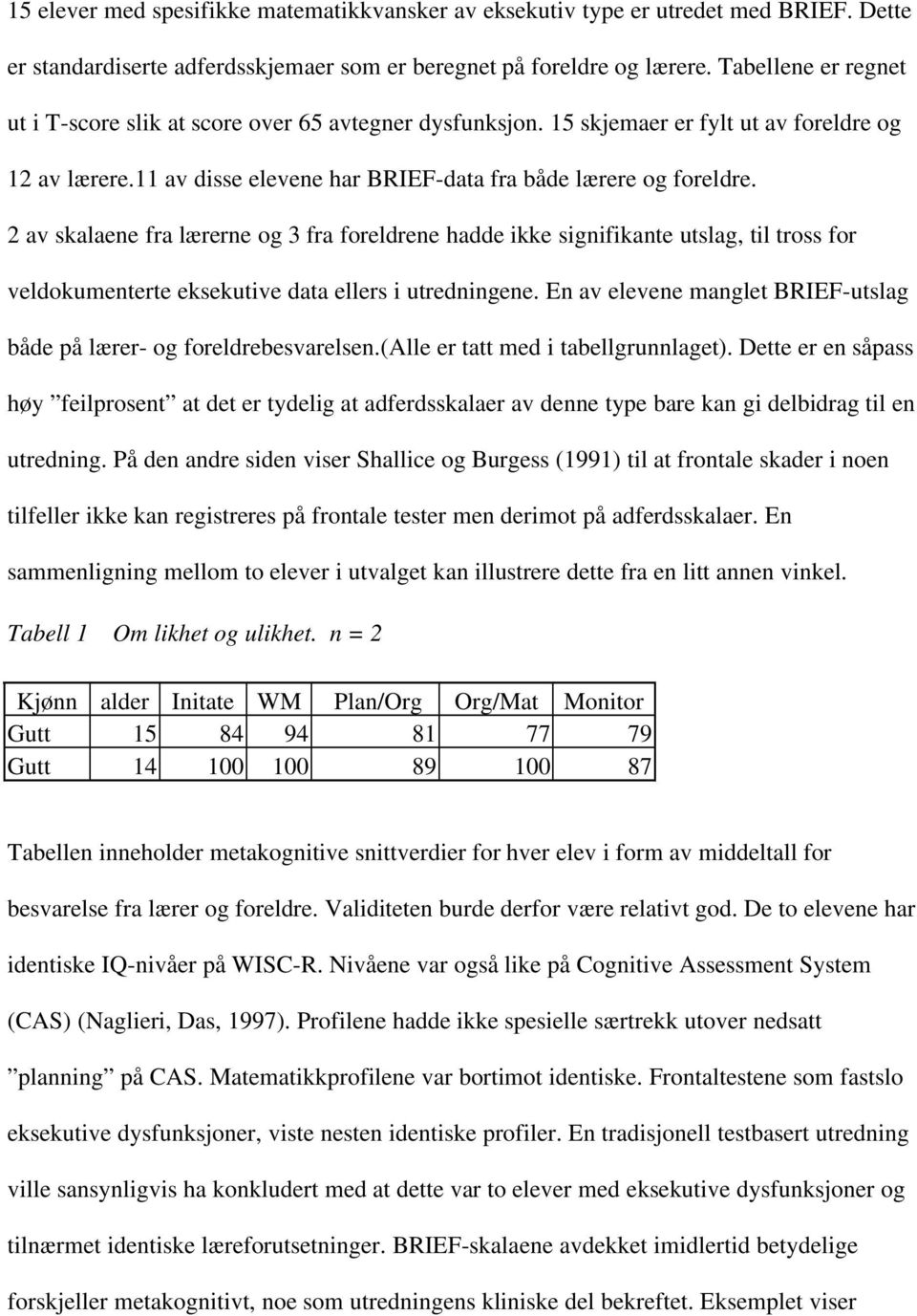 2 av skalaene fra lærerne og 3 fra foreldrene hadde ikke signifikante utslag, til tross for veldokumenterte eksekutive data ellers i utredningene.