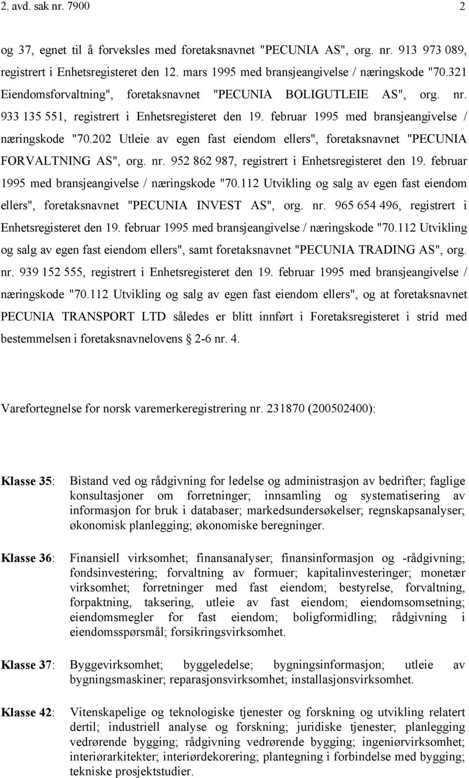 202 Utleie av egen fast eiendom ellers", foretaksnavnet "PECUNIA FORVALTNING AS", org. nr. 952 862 987, registrert i Enhetsregisteret den 19. februar 1995 med bransjeangivelse / næringskode "70.