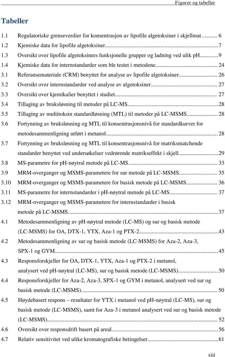 1 Referansemateriale (CRM) benyttet for analyse av lipofile algetoksiner... 26 3.2 Oversikt over internstandarder ved analyse av algetoksiner... 27 3.3 Oversikt over kjemikalier benyttet i studiet.