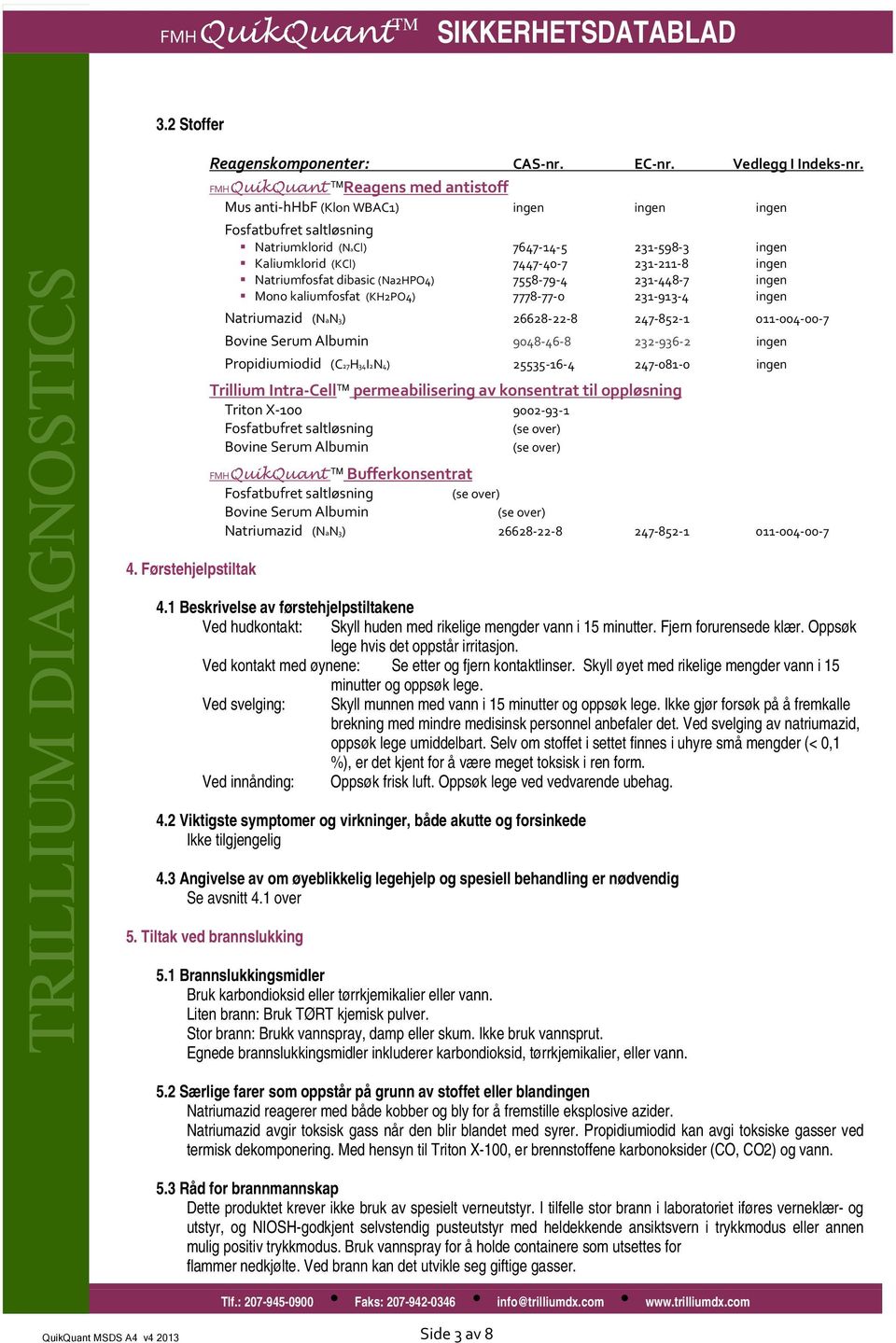 Natriumfosfat dibasic (Na2HPO4) 7558 79 4 231 448 7 ingen Mono kaliumfosfat (KH2PO4) 7778 77 0 231 913 4 ingen Natriumazid (NaN3) 26628 22 8 247 852 1 011 004 00 7 Bovine Serum Albumin 9048 46 8 232