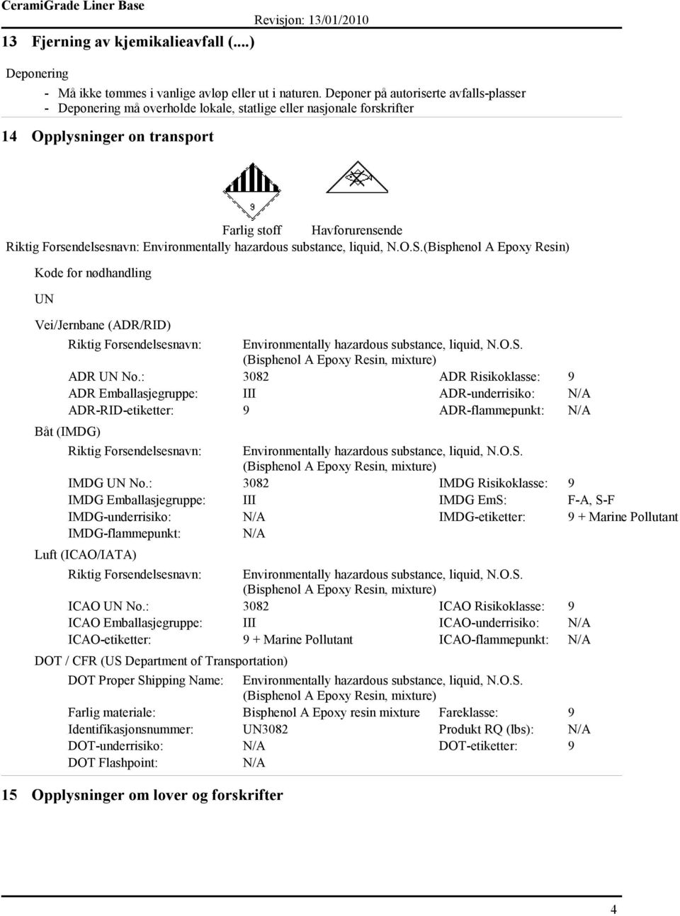 for nødhandling UN Vei/Jernbane (ADR/RID) ADR UN No.: 3082 ADR Risikoklasse: 9 ADR Emballasjegruppe: III ADR-underrisiko: N/A ADR-RID-etiketter: 9 ADR-flammepunkt: N/A Båt (IMDG) IMDG UN No.