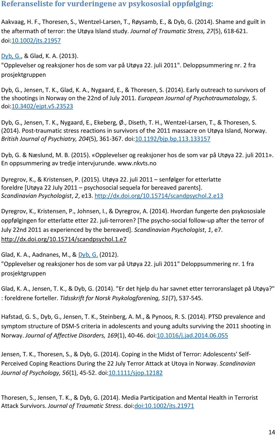 "Opplevelser og reaksjoner hos de som var på Utøya 22. juli 2011". Deloppsummering nr. 2 fra prosjektgruppen Dyb, G., Jensen, T. K., Glad, K. A., Nygaard, E., & Thoresen, S. (2014).