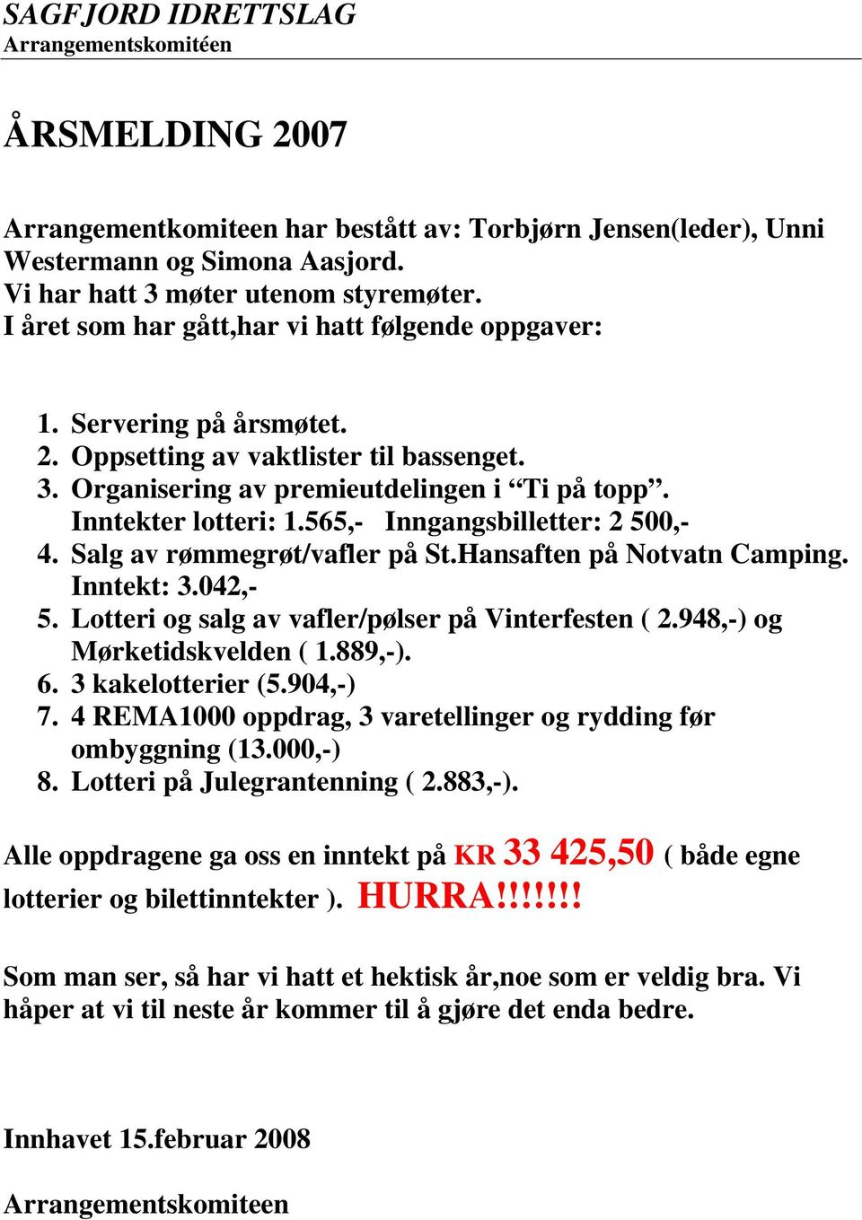 565,- Inngangsbilletter: 2 500,- 4. Salg av rømmegrøt/vafler på St.Hansaften på Notvatn Camping. Inntekt: 3.042,- 5. Lotteri og salg av vafler/pølser på Vinterfesten ( 2.