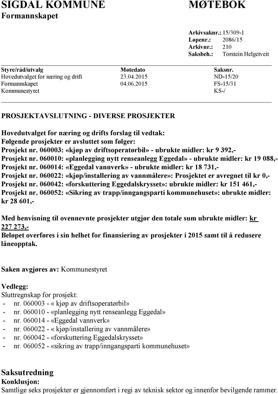 2015 FS-15/31 Kommunestyret KS-/ PROSJEKTAVSLUTNING - DIVERSE PROSJEKTER Hovedutvalget for næring og drifts forslag til vedtak: Følgende prosjekter er avsluttet som følger: Prosjekt nr.