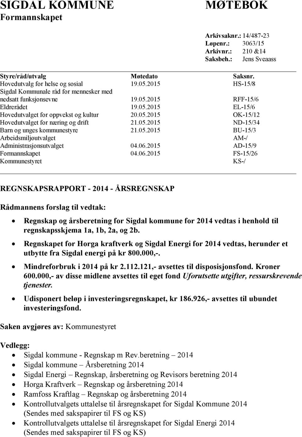 05.2015 ND-15/34 Barn og unges kommunestyre 21.05.2015 BU-15/3 Arbeidsmiljøutvalget AM-/ Administrasjonsutvalget 04.06.