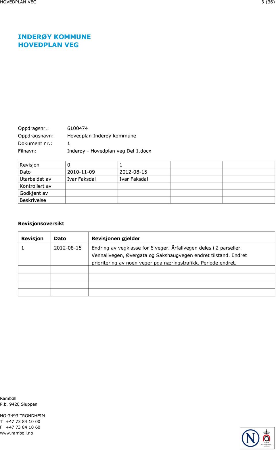 docx Revisjon 1 Dato 21-11-9 212-8-15 Utarbeidet av Ivar Faksdal Ivar Faksdal Kontrollert av Godkjent av Beskrivelse Revisjonsoversikt Revisjon Dato