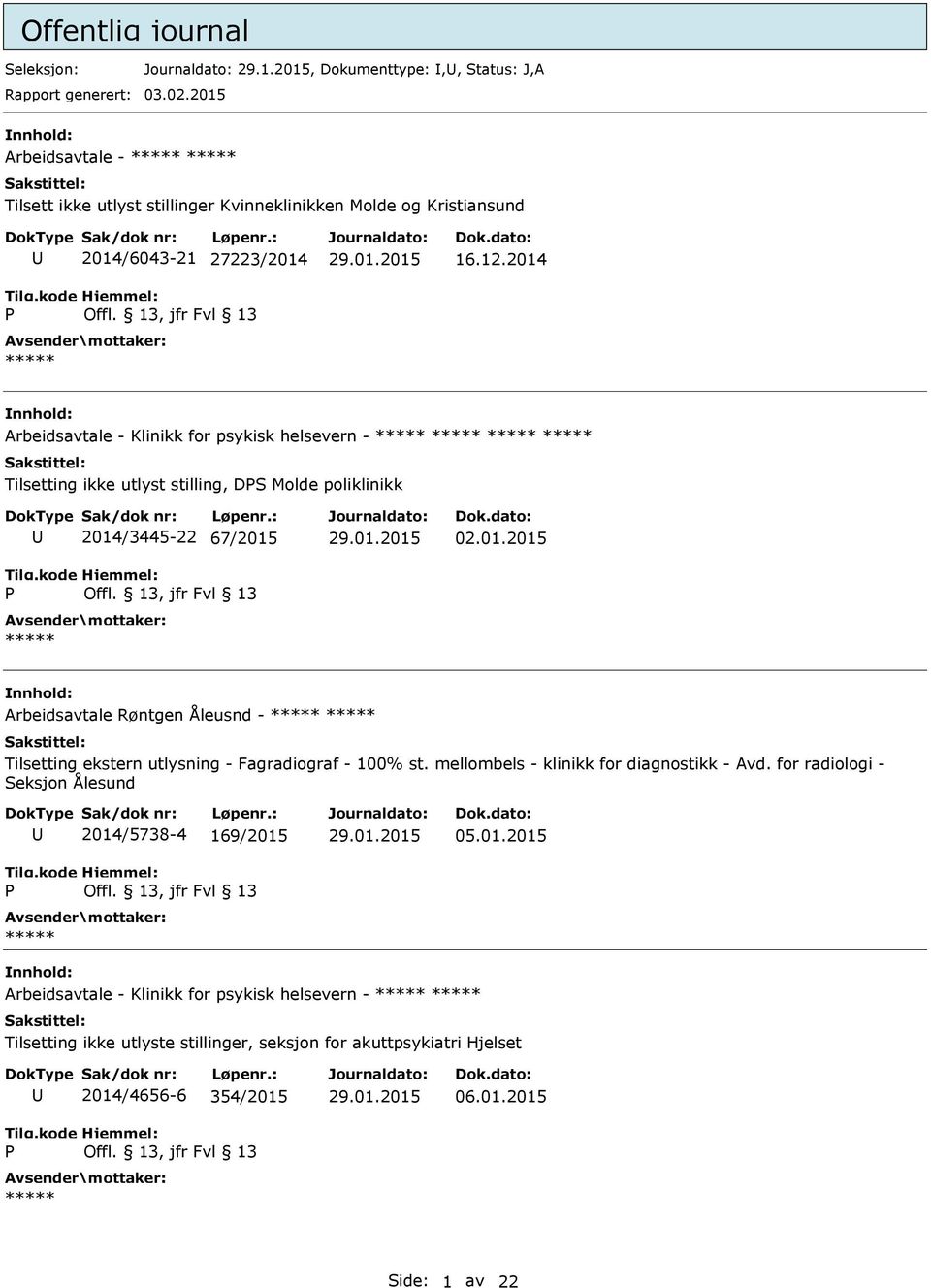 2014 Arbeidsavtale - Klinikk for psykisk helsevern - Tilsetting ikke utlyst stilling, DS Molde poliklinikk 2014/3445-22 67/2015 02.01.2015 Arbeidsavtale Røntgen Åleusnd - Tilsetting ekstern utlysning - Fagradiograf - 100% st.