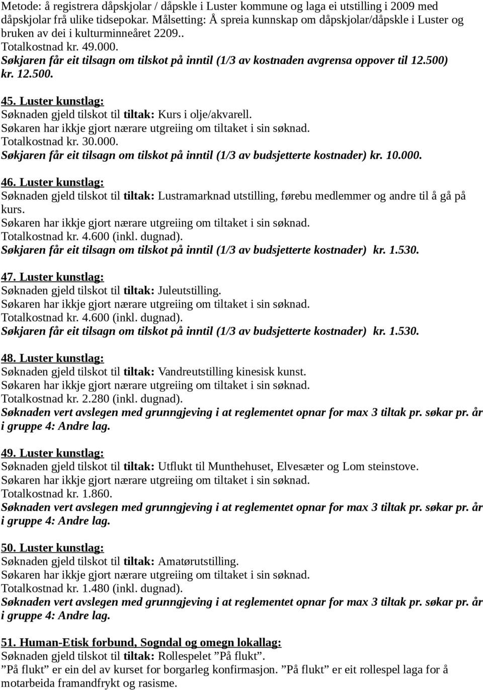 Søkjaren får eit tilsagn om tilskot på inntil (1/3 av kostnaden avgrensa oppover til 12.500) kr. 12.500. 45. Luster kunstlag: Søknaden gjeld tilskot til tiltak: Kurs i olje/akvarell. Totalkostnad kr.