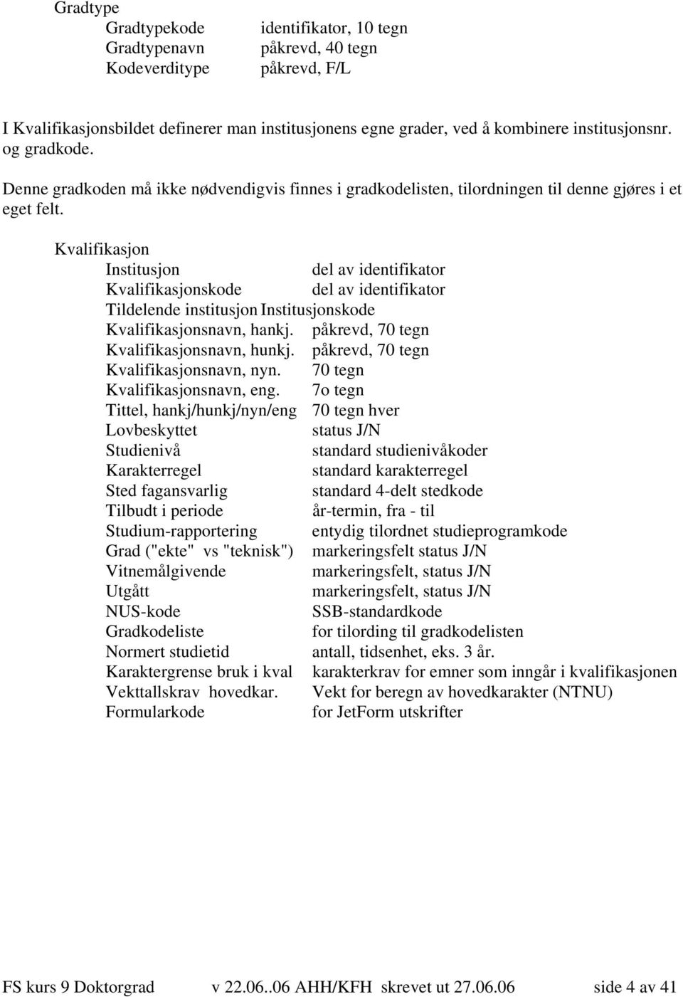 Kvalifikasjon Institusjon del av identifikator Kvalifikasjonskode del av identifikator Tildelende institusjon Institusjonskode Kvalifikasjonsnavn, hankj. påkrevd, 70 tegn Kvalifikasjonsnavn, hunkj.