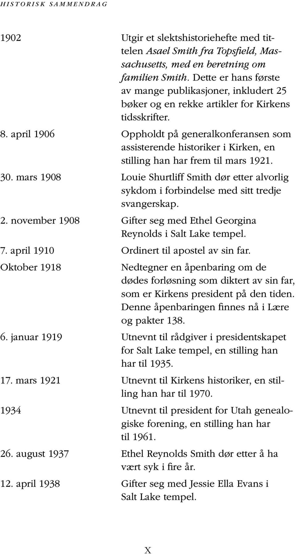 april 1906 Oppholdt på generalkonferansen som assisterende historiker i Kirken, en stilling han har frem til mars 1921. 30.