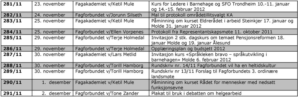 januar 2012 284/11 25. november v/ellen Vorpenes Protokoll fra Representantskapsmøte 11. oktober 2011 285/11 29. november v/terje Holmedal Invitasjon 2 stk. dagskurs om temaet Pensjonsreformen 18.