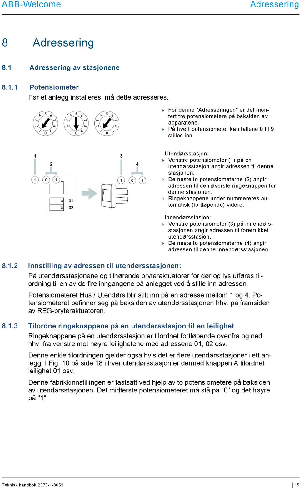 Utendørsstasjon:» Venstre potensiometer (1) på en utendørsstasjon angir adressen til denne stasjonen.» De neste to potensiometerne (2) angir adressen til den øverste ringeknappen for denne stasjonen.