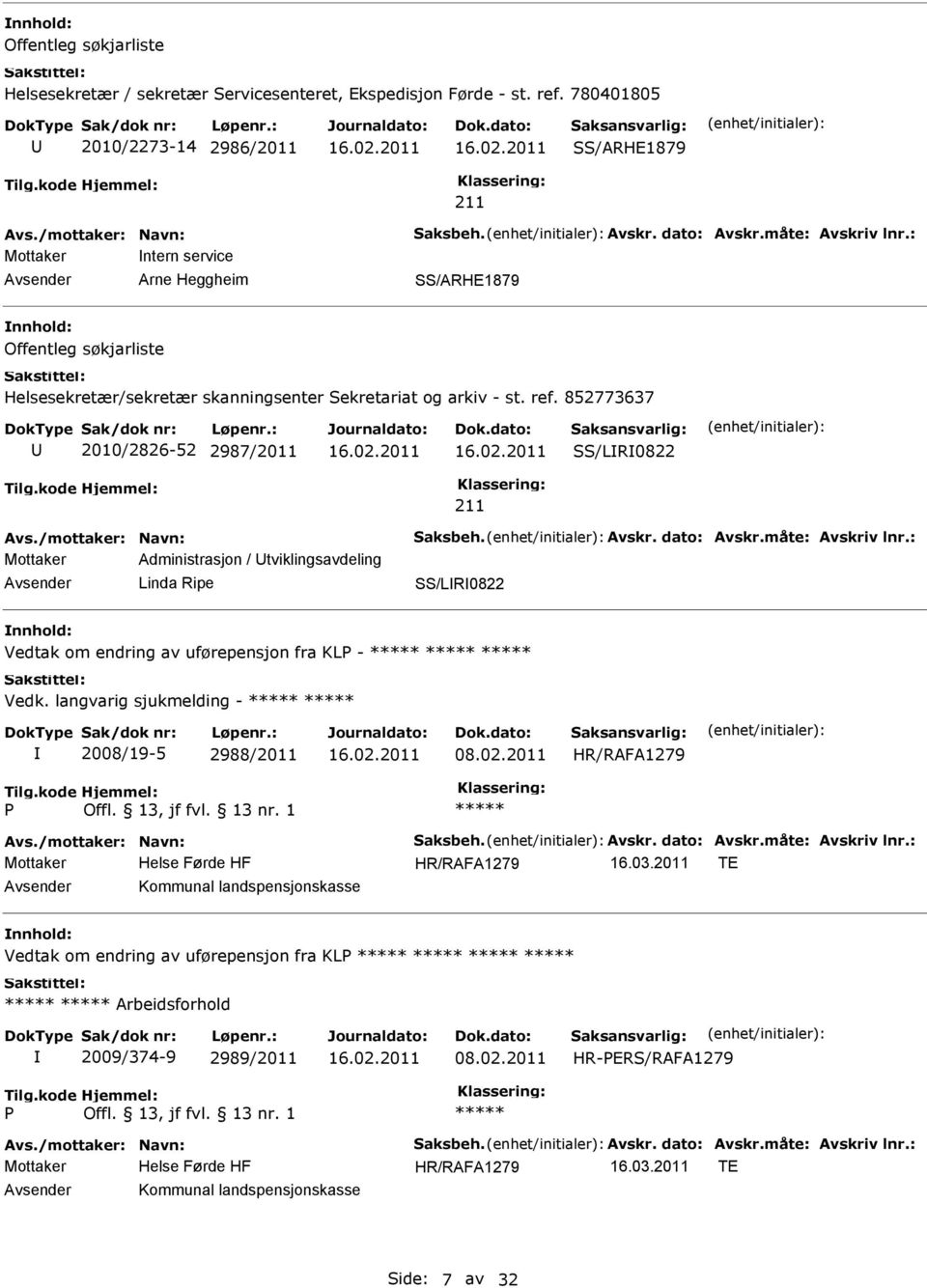 852773637 2010/2826-52 2987/2011 SS/LR0822 Mottaker Administrasjon / tviklingsavdeling Linda Ripe SS/LR0822 Vedtak om endring av uførepensjon fra KL - ***** ***** ***** Vedk.