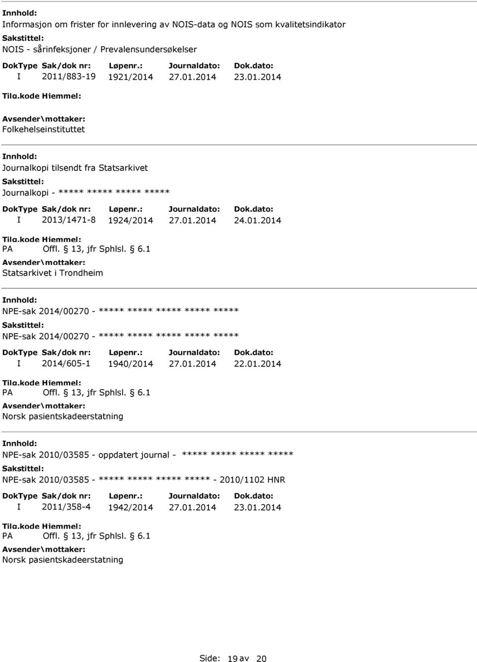 Statsarkivet i Trondheim 24.01.2014 NE-sak 2014/00270 - NE-sak 2014/00270 - A 2014/605-1 1940/2014 Norsk pasientskadeerstatning 22.